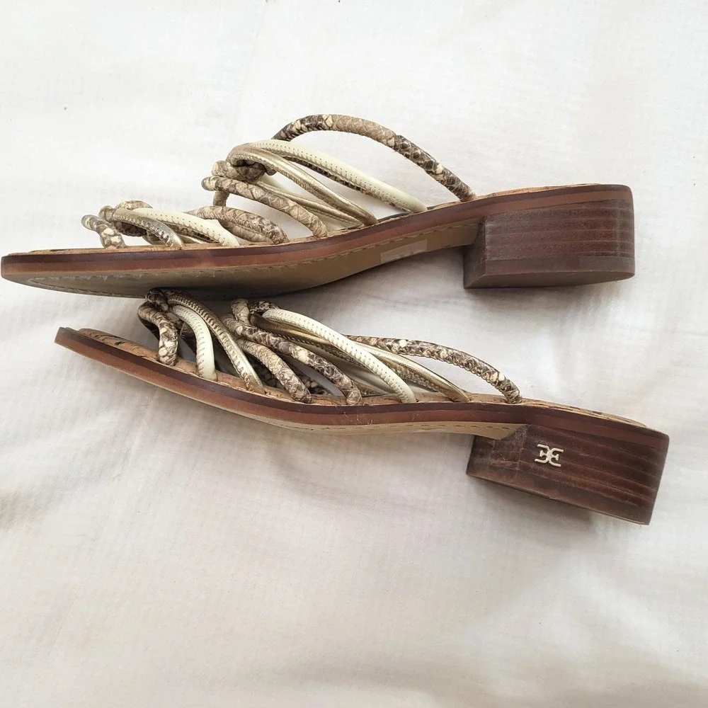Sam Edelman Jazzie Snakeskin Metallic Gold Multi Strap Cork Slide Sandals 7.5M - Picture 5 of 9
